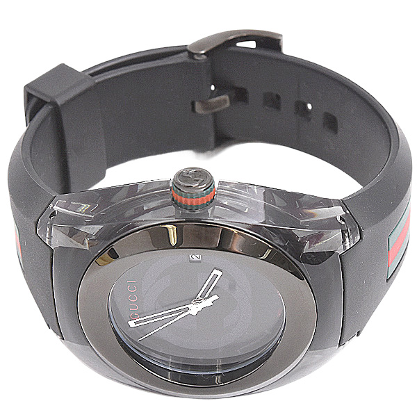 グッチ 時計 メンズ SYNC シンク シェリーライン ブラック文字盤 アナログ サファイヤガラス SS×ラバー GUCCI 137.1 中古