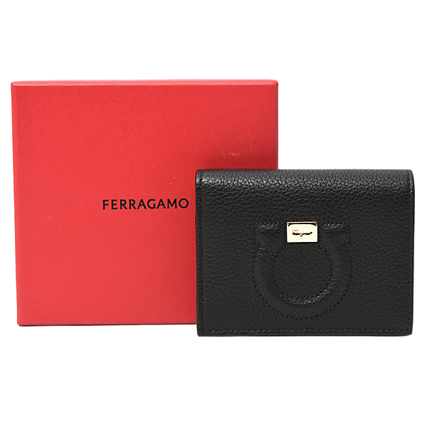 サルヴァトーレフェラガモ 財布 レディース ガンチーニ 二つ折り財布 カーフ ブラック Salvatore Ferragamo 未使用展示品