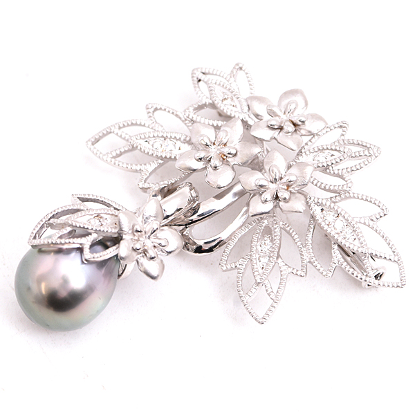 山本寛斎 ブローチ レディース ブーケ ブローチ パール×ダイヤ ブローチ 0.08ct kansai K18WG×K14WG 中古