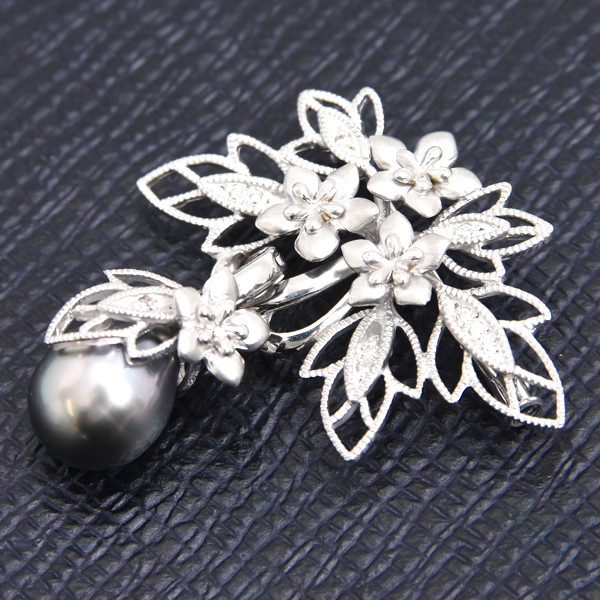 山本寛斎 ブローチ レディース ブーケ ブローチ パール×ダイヤ ブローチ 0.08ct kansai K18WG×K14WG 中古