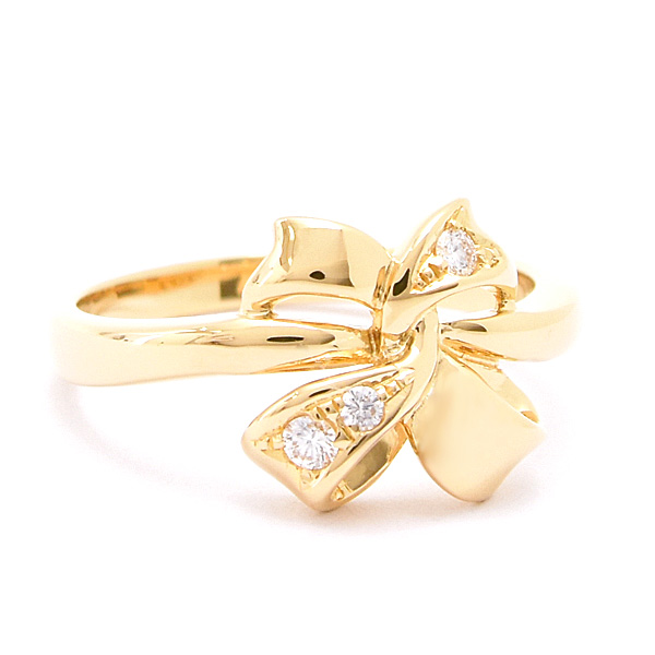 ミキモト 指輪 レディース リボンモチーフ 3P ダイヤモンド リング 実測12号 イエローゴールド D0.06ct MIKIMOTO K18 中古