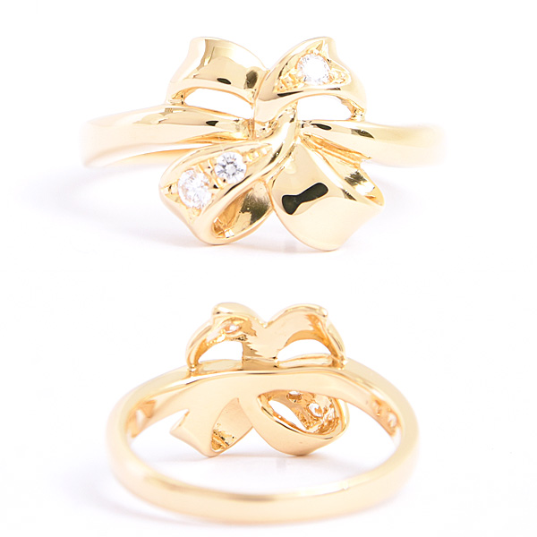 ミキモト 指輪 レディース リボンモチーフ 3P ダイヤモンド リング 実測12号 イエローゴールド D0.06ct MIKIMOTO K18 中古