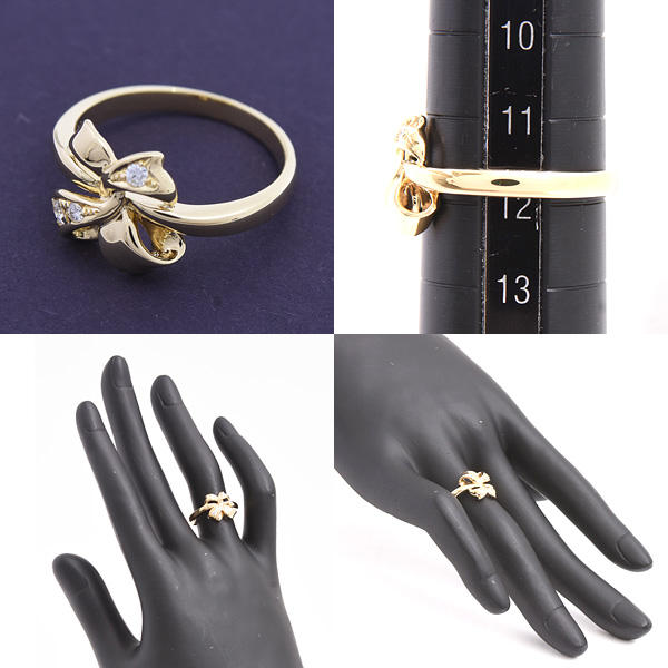 ミキモト 指輪 レディース リボンモチーフ 3P ダイヤモンド リング 実測12号 イエローゴールド D0.06ct MIKIMOTO K18 中古