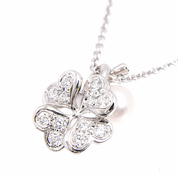 ミキモト ペンダント レディース クローバーモチーフ 1Pパール 4.7mm珠 6Pダイヤモンド ネックレス ホワイトゴールド MIKIMOTO K18WG 中古