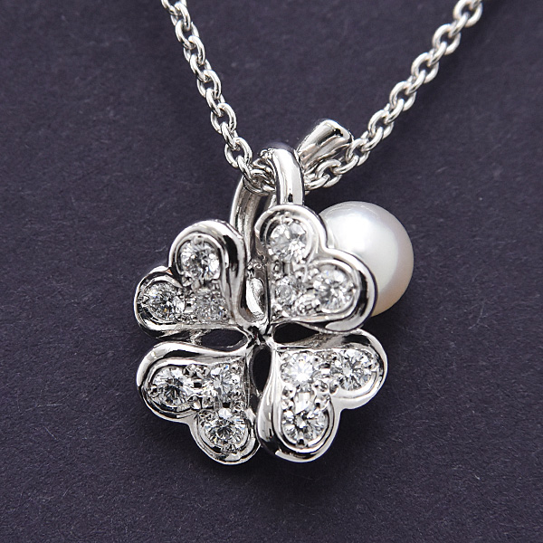 ミキモト ペンダント レディース クローバーモチーフ 1Pパール 4.7mm珠 6Pダイヤモンド ネックレス ホワイトゴールド MIKIMOTO K18WG 中古