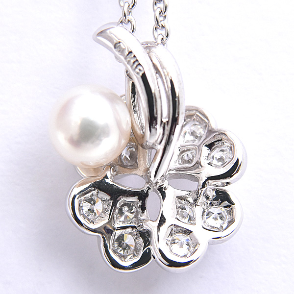 ミキモト ペンダント レディース クローバーモチーフ 1Pパール 4.7mm珠 6Pダイヤモンド ネックレス ホワイトゴールド MIKIMOTO K18WG 中古