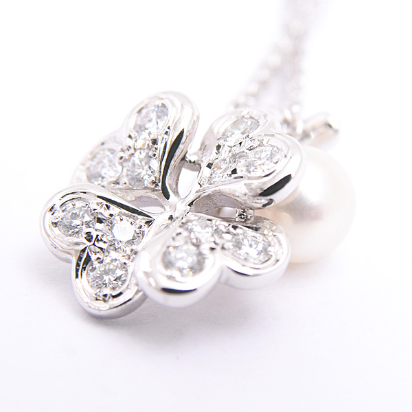 ミキモト ペンダント レディース クローバーモチーフ 1Pパール 4.7mm珠 6Pダイヤモンド ネックレス ホワイトゴールド MIKIMOTO K18WG 中古