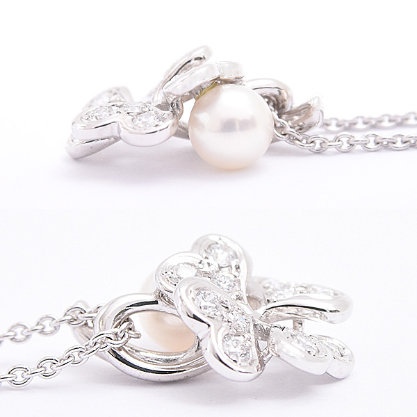 ミキモト ペンダント レディース クローバーモチーフ 1Pパール 4.7mm珠 6Pダイヤモンド ネックレス ホワイトゴールド MIKIMOTO K18WG 中古