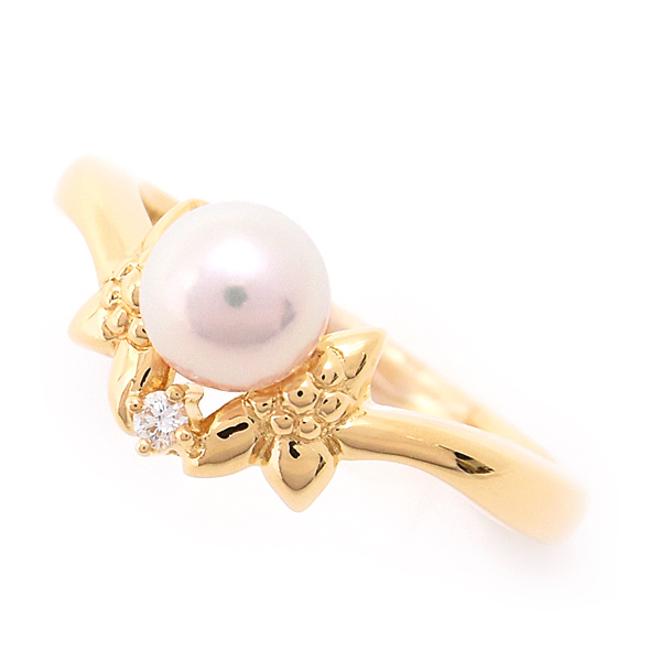 ミキモト 指輪 レディース パール ダイヤ デザイン リング 13.5号 6.2mm珠 イエローゴールド MIKIMOTO K18 中古