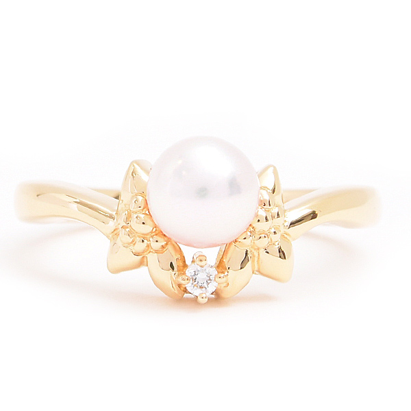 ミキモト 指輪 レディース パール ダイヤ デザイン リング 13.5号 6.2mm珠 イエローゴールド MIKIMOTO K18 中古