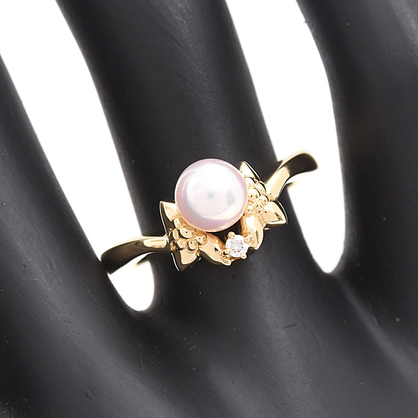 ミキモト 指輪 レディース パール ダイヤ デザイン リング 13.5号 6.2mm珠 イエローゴールド MIKIMOTO K18 中古
