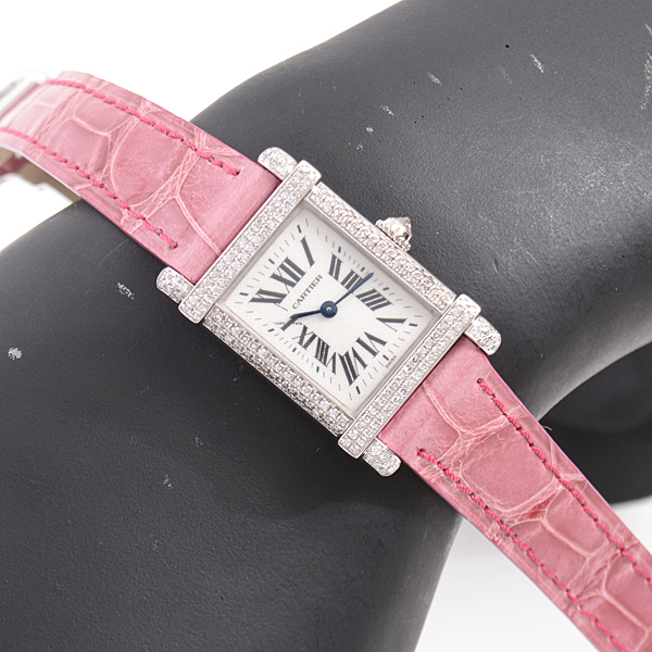 カルティエ 時計 レディース タンクシノワーズ ダイヤモンドベゼル 電池式 ホワイトゴールド Cartier 750WG 中古