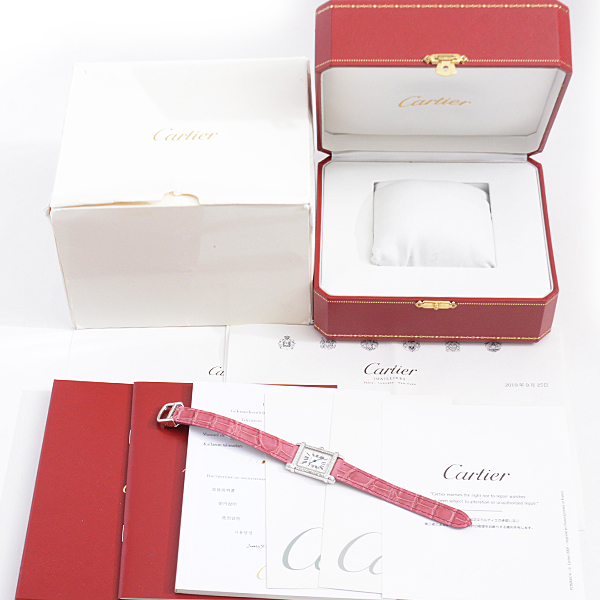 カルティエ 時計 レディース タンクシノワーズ ダイヤモンドベゼル 電池式 ホワイトゴールド Cartier 750WG 中古