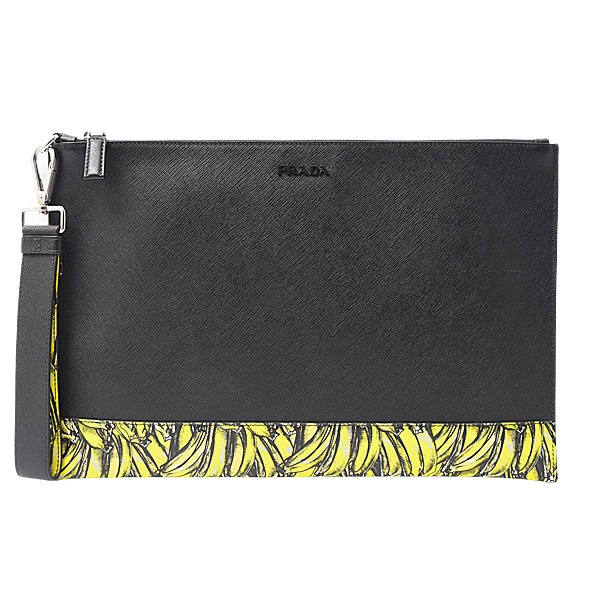 プラダ バッグ メンズ バナナ柄 クラッチバッグ サフィアーノレザー ブラック×イエロー PRADA 中古