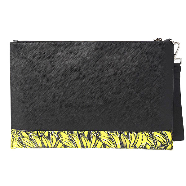 プラダ バッグ メンズ バナナ柄 クラッチバッグ サフィアーノレザー ブラック×イエロー PRADA 中古