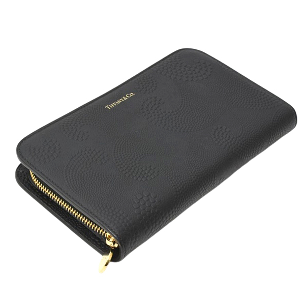 ティファニー 財布 レディース メンズ ウエーブ ポイント ドット エンボス 長財布 カーフ ブラック TIFFANY 中古
