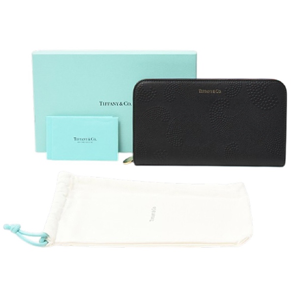 ティファニー 財布 レディース メンズ ウエーブ ポイント ドット エンボス 長財布 カーフ ブラック TIFFANY 中古