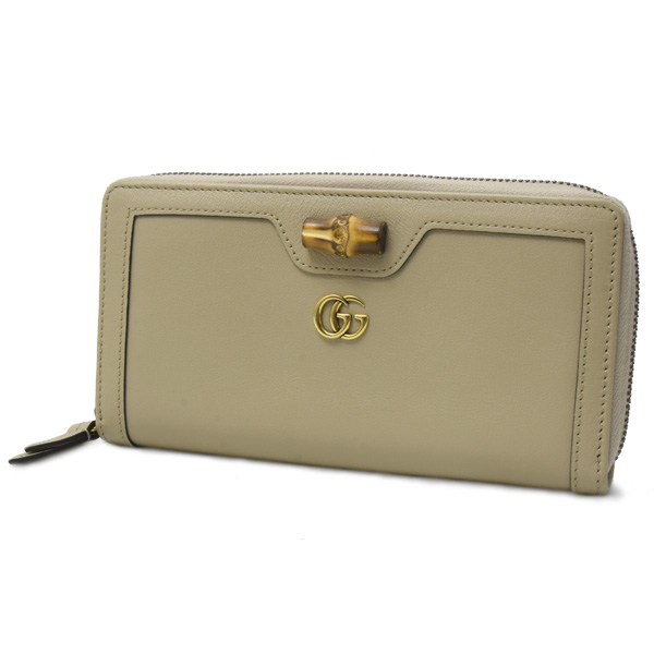 グッチ 財布 レディース ダブルG 長財布 ラウンドファスナー カーフ バンブー ベージュ系 GUCCI 658634 中古