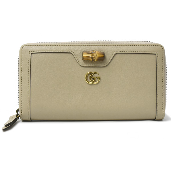 グッチ 財布 レディース ダブルG 長財布 ラウンドファスナー カーフ バンブー ベージュ系 GUCCI 658634 中古