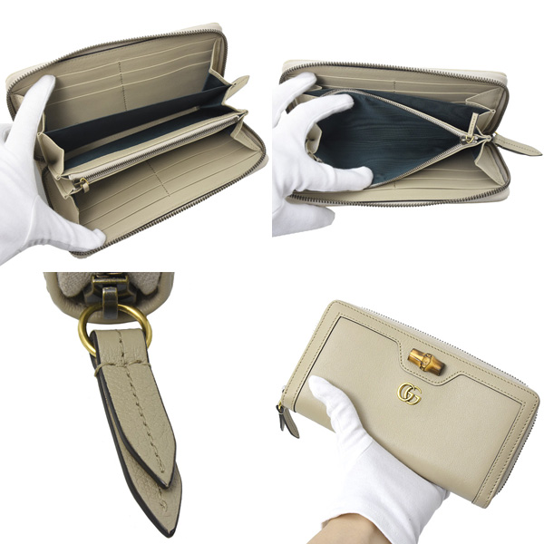 グッチ 財布 レディース ダブルG 長財布 ラウンドファスナー カーフ バンブー ベージュ系 GUCCI 658634 中古