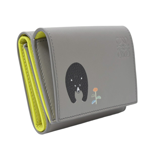 ロエベ 財布 レディース トライフォールド ウォレット クマ Suna Fujitaコラボ レザー グレー LOEWE 中古