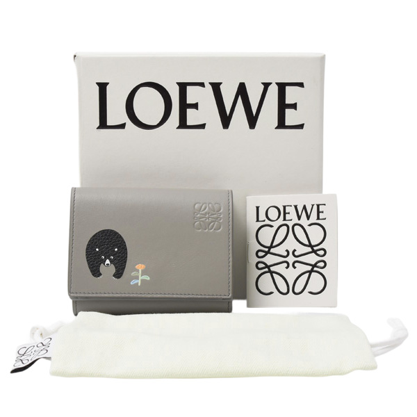 ロエベ 財布 レディース トライフォールド ウォレット クマ Suna Fujitaコラボ レザー グレー LOEWE 中古