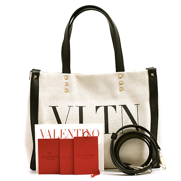 ヴァレンティノ バッグ レディース ガラヴァーニ VLTN ミニ トートバッグ オフホワイト キャンバス VALENTINO VW2B0H19FWB 中古