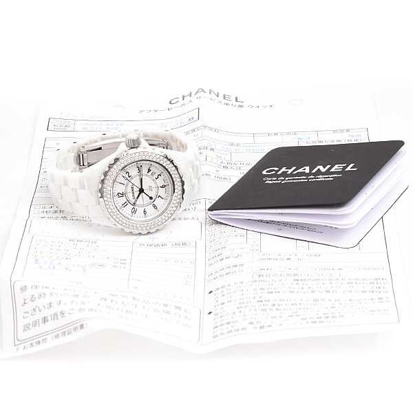 シャネル 時計 レディース J12 デイト 33mm 2重ダイヤベゼル 電池式 ホワイト文字盤 CE CHANEL H0967 中古