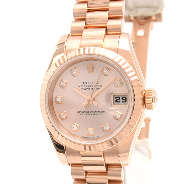 ロレックス 時計 レディース デイトジャスト 10Pダイヤ 自動巻 Y番 ピンク文字盤 ピンクゴールド 750PG ROLEX 179175G 中古