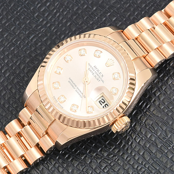 ロレックス 時計 レディース デイトジャスト 10Pダイヤ 自動巻 Y番 ピンク文字盤 ピンクゴールド 750PG ROLEX 179175G 中古