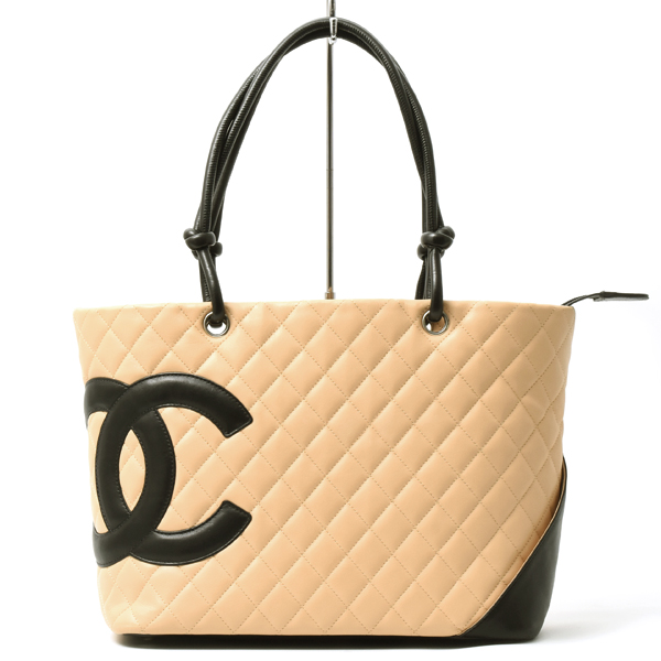 シャネル バッグ レディース カンボンライン トートバッグ ラージ ベージュ系 ブラック CHANEL A25167 中古