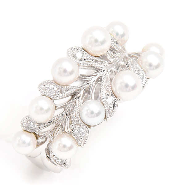 ミキモト 指輪 レディース ベビーパール ダイヤ リーフモチーフ リング 12号 3.0mm～3.8mm珠 プラチナ PT950 MIKIMOTO 中古