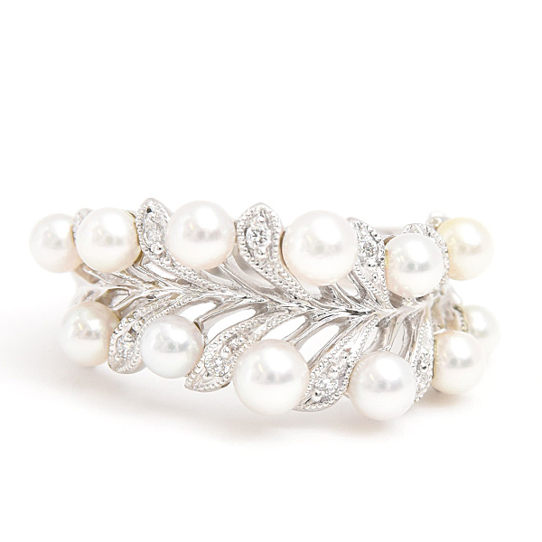ミキモト 指輪 レディース ベビーパール ダイヤ リーフモチーフ リング 12号 3.0mm～3.8mm珠 プラチナ PT950 MIKIMOTO 中古