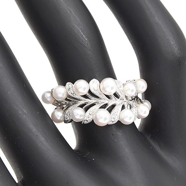 ミキモト 指輪 レディース ベビーパール ダイヤ リーフモチーフ リング 12号 3.0mm～3.8mm珠 プラチナ PT950 MIKIMOTO 中古