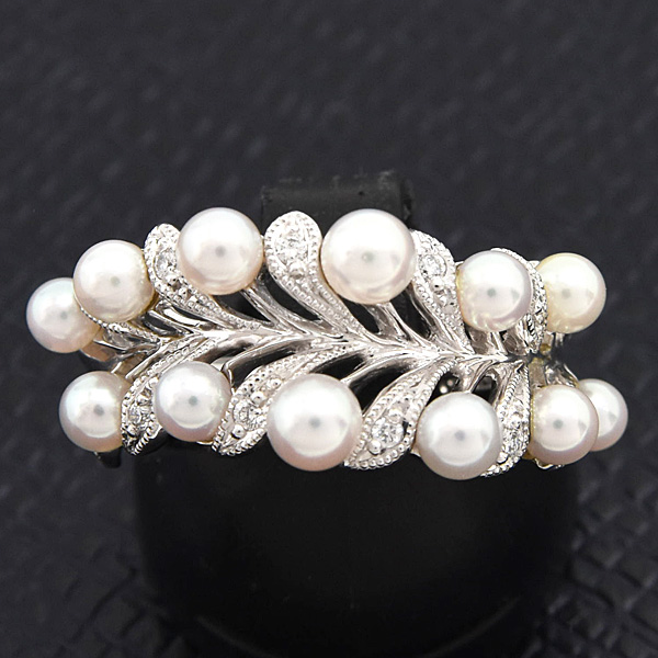 ミキモト 指輪 レディース ベビーパール ダイヤ リーフモチーフ リング 12号 3.0mm～3.8mm珠 プラチナ PT950 MIKIMOTO 中古
