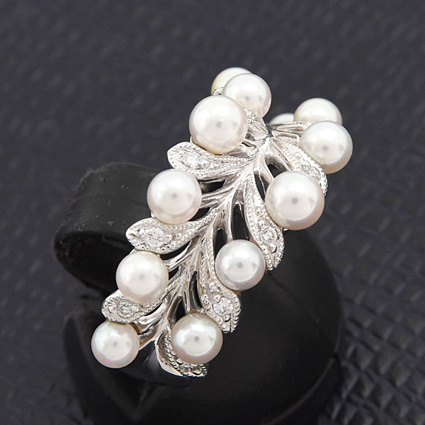 ミキモト 指輪 レディース ベビーパール ダイヤ リーフモチーフ リング 12号 3.0mm～3.8mm珠 プラチナ PT950 MIKIMOTO 中古