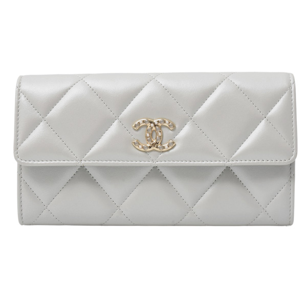 シャネル 財布 レディース ロングフラップウォレット ココマーク 長財布 マトラッセ ラムスキン シルバーグレー CHANEL 中古