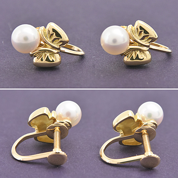 クリスチャンディオール イヤリング レディース 1Pパール 5.7mm珠 リボン 蝶 バタフライ イエローゴールド 真珠 Christian Dior 750YG 中古