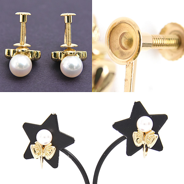 クリスチャンディオール イヤリング レディース 1Pパール 5.7mm珠 リボン 蝶 バタフライ イエローゴールド 真珠 Christian Dior 750YG 中古