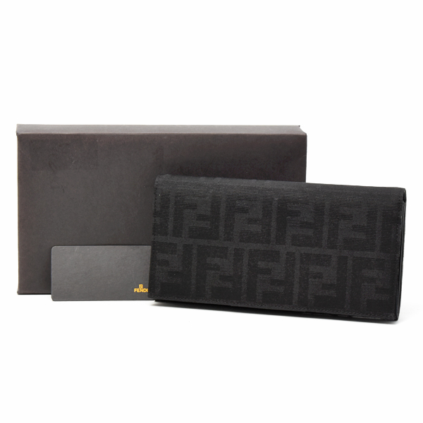 フェンディ 財布 メンズ ズッカ 二つ折り長財布 ロングウォレット キャンバス ブラック FENDI 中古