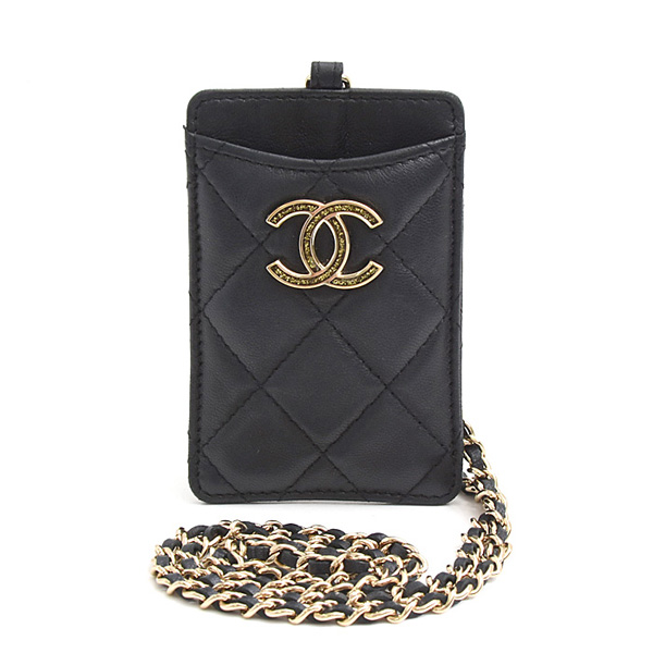 シャネル カードケース レディース マトラッセ チェーンストラップ パスケース ラムスキン ブラック CHANEL A01745 中古