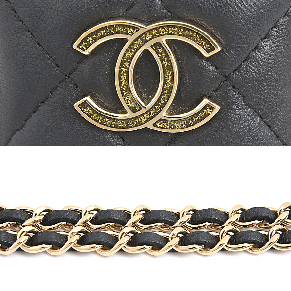 シャネル カードケース レディース マトラッセ チェーンストラップ パスケース ラムスキン ブラック CHANEL A01745 中古