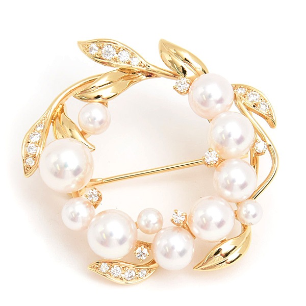 ミキモト ブローチ レディース リースモチーフ パール ダイヤ 3.4mm～7.3mm珠 イエローゴールド K18 MIKIMOTO 中古