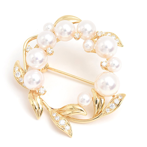 ミキモト ブローチ レディース リースモチーフ パール ダイヤ 3.4mm～7.3mm珠 イエローゴールド K18 MIKIMOTO 中古