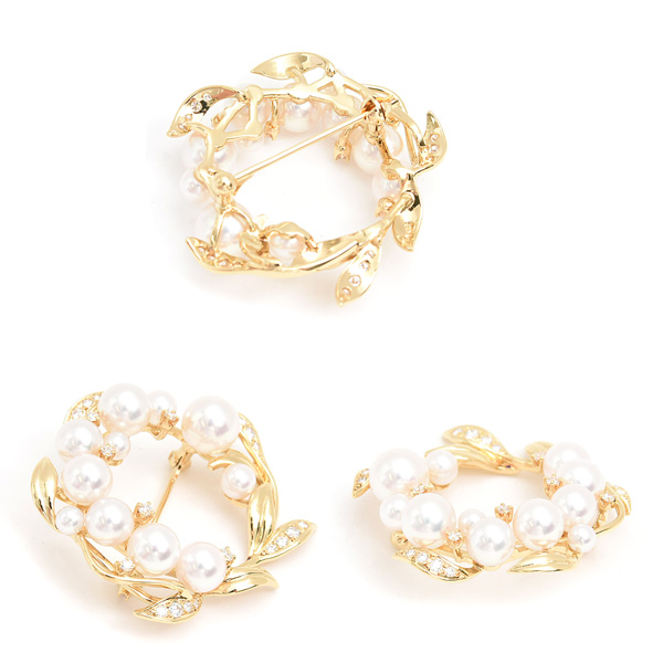 ミキモト ブローチ レディース リースモチーフ パール ダイヤ 3.4mm～7.3mm珠 イエローゴールド K18 MIKIMOTO 中古