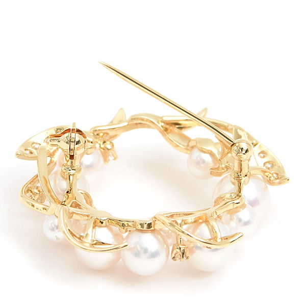 ミキモト ブローチ レディース リースモチーフ パール ダイヤ 3.4mm～7.3mm珠 イエローゴールド K18 MIKIMOTO 中古