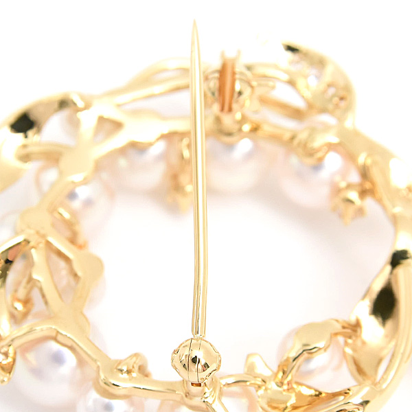 ミキモト ブローチ レディース リースモチーフ パール ダイヤ 3.4mm～7.3mm珠 イエローゴールド K18 MIKIMOTO 中古