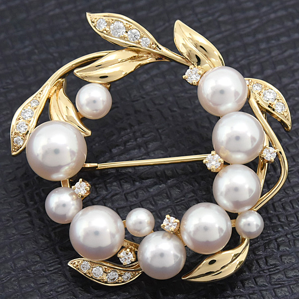 ミキモト ブローチ レディース リースモチーフ パール ダイヤ 3.4mm～7.3mm珠 イエローゴールド K18 MIKIMOTO 中古