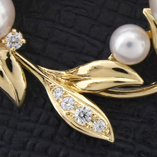 ミキモト ブローチ レディース リースモチーフ パール ダイヤ 3.4mm～7.3mm珠 イエローゴールド K18 MIKIMOTO 中古