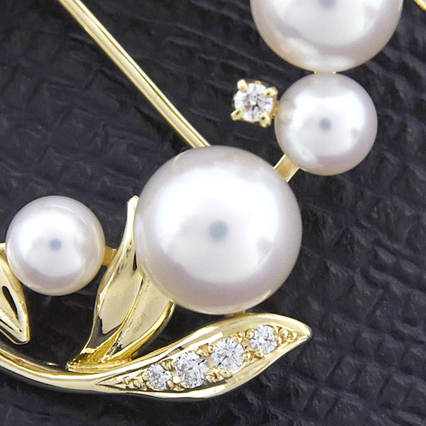 ミキモト ブローチ レディース リースモチーフ パール ダイヤ 3.4mm～7.3mm珠 イエローゴールド K18 MIKIMOTO 中古